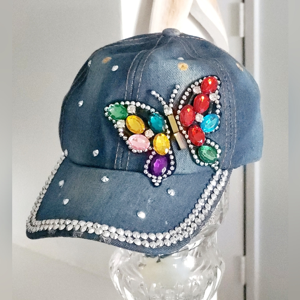 Denim Butterfly Rhinestone Baseball Hat, Adjustable - Picture 4 of 14